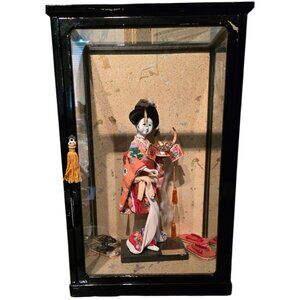 Japanese Samurai Princess Doll In Glass Display Case - Handcrafted Kimono Design